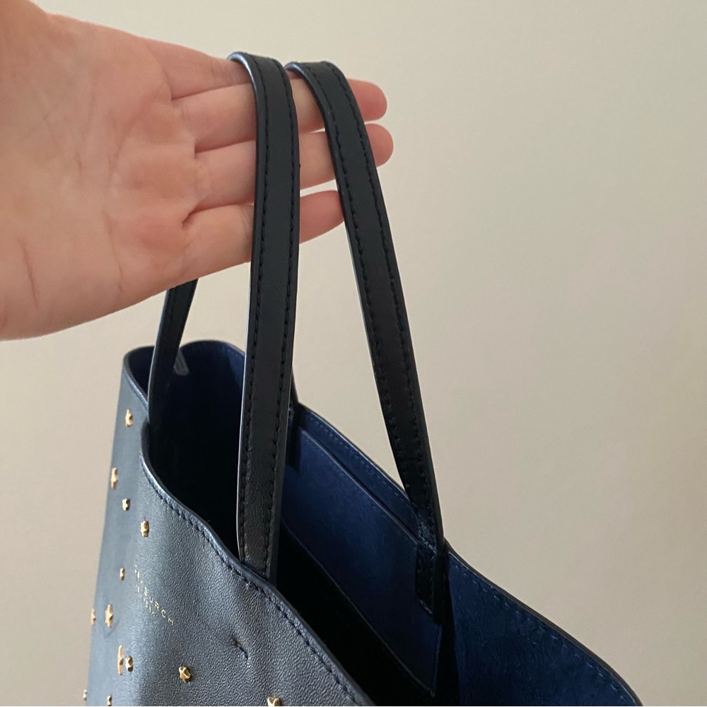 $398 Tory Burch Fleming Black Lambskin Leather Gold Star Studs Satchel Tote Bag - Picture 9 of 14